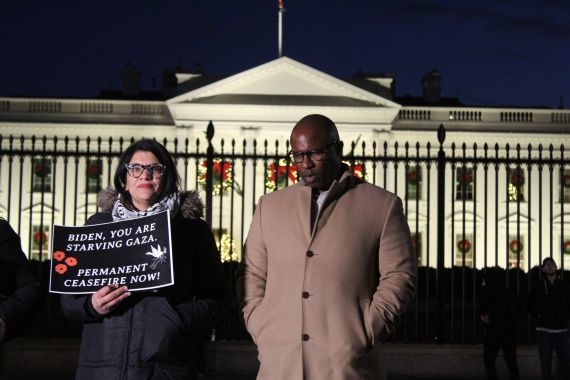 Rashida Tlaib and Jamaal Bowman outside of the White House