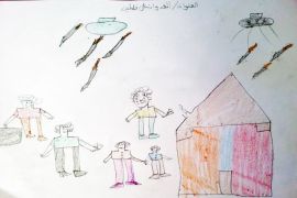 A Palestinian child's drawing showing Israeli jets bombing a house and people