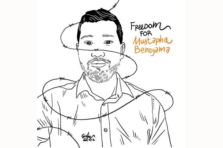Cartoon of Bendjama with barbed wire looping around him