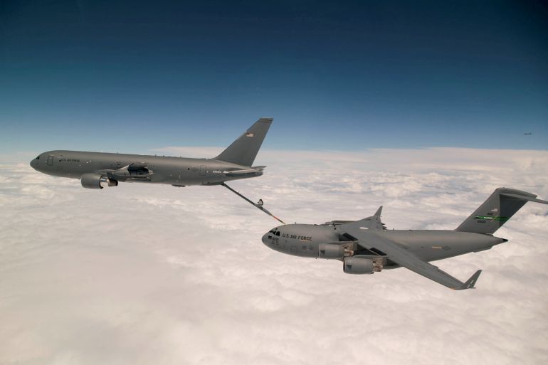 Boeing's KC-46 aerial refuelling tanker conducts receiver compatibility tests with a US Air Force C-17 Globemaster III from Joint Base Lewis-McChord, in Seattle, Washington