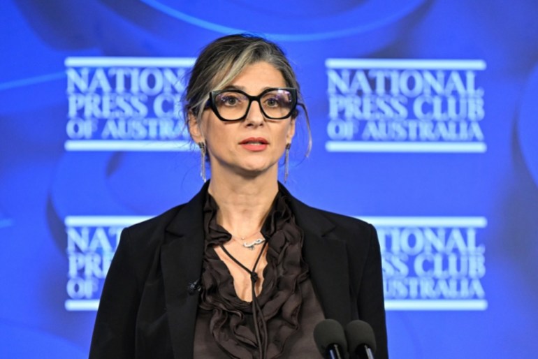 epa10974112 UN Special Rapporteur for the occupied Palestinian territory Francesca Albanese addresses the National Press Club in Canberra, Australia, 14 November 2023. EPA-EFE/LUKAS COCH NO ARCHIVING AUSTRALIA AND NEW ZEALAND OUT