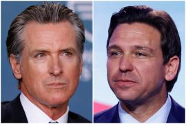 A combination picture shows Gavin Newsom, the Governor of the State of California speaking at the 2023 Milken Institute Global Conference in Beverly Hills