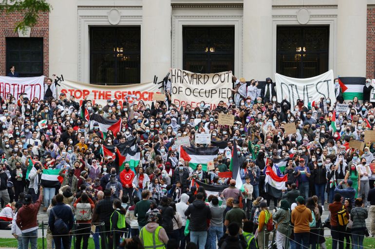 Demonstrators take part in an "Emergency Rally: Stand with Palestinians Under Siege in Gaza," amid the ongoing conflict between Israel and the Palestinian Islamist group Hamas, at Harvard University in Cambridge, Massachusetts, U.S., October 14, 2023. REUTERS/Brian Snyder