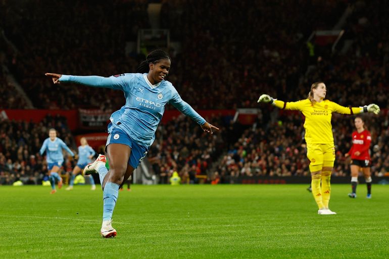Manchester City's Khadija Shaw celebrates scoring