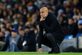 Manchester City manager Pep Guardiola saw Arsenal move four points clear of his team on Saturday [File: Carl Recine/Rueters]