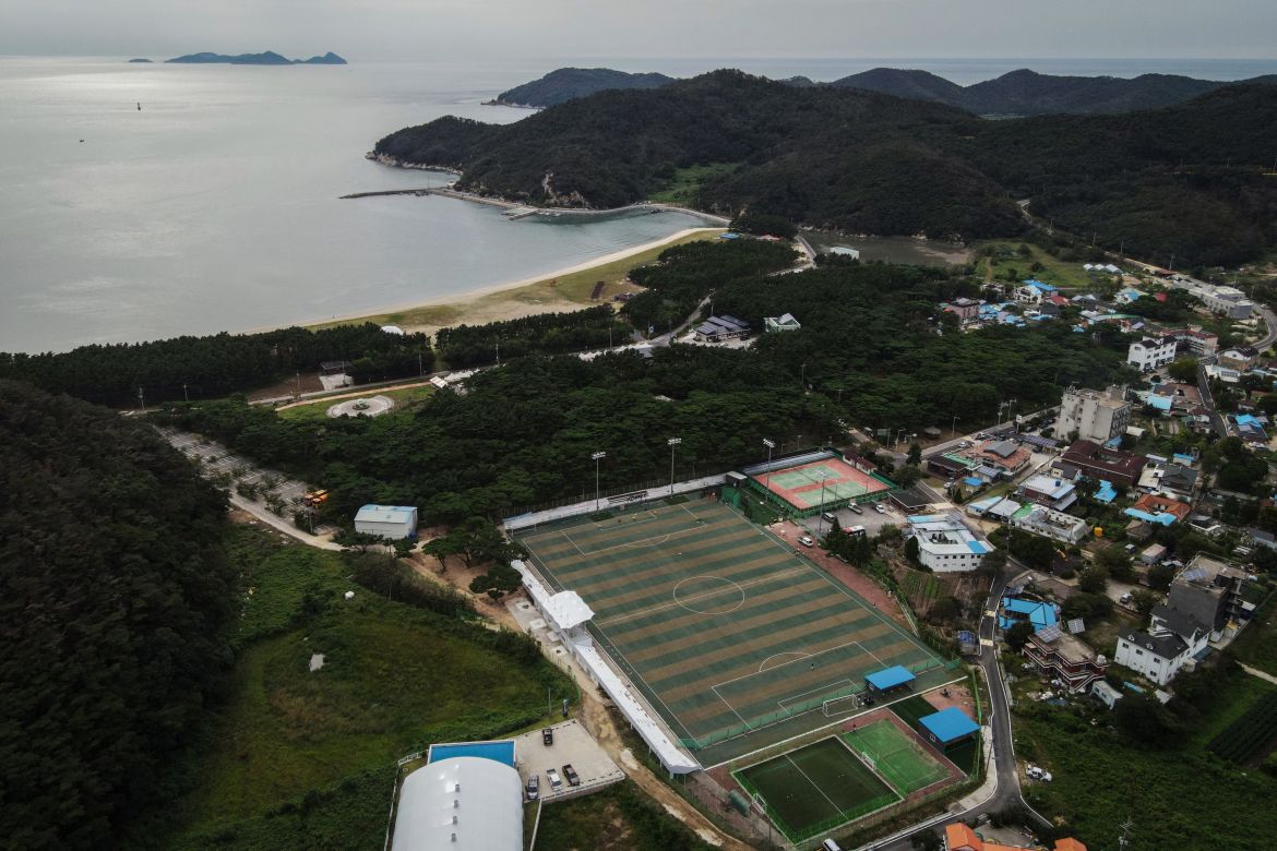 The multipurpose sports field used for the Deokjeok High School baseball team's practice sessions is seen on Deokjeok island in Incheon, South Korea.