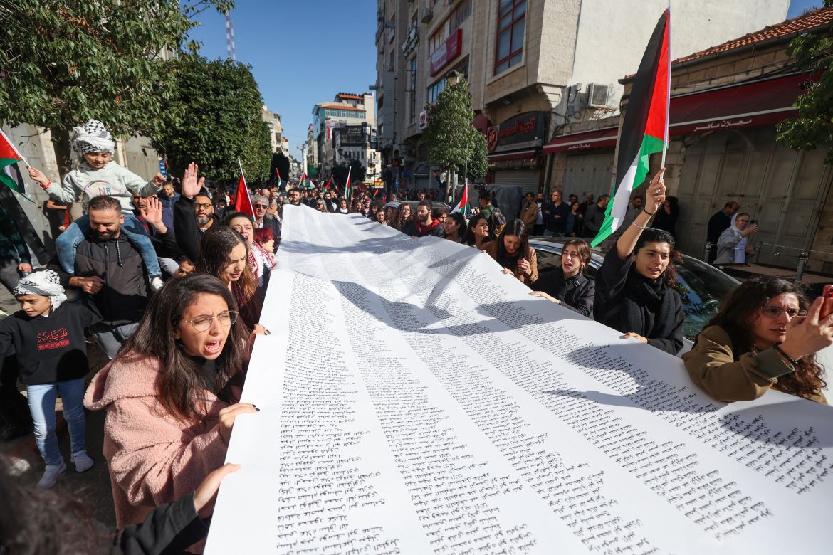 Palestinians carry a list of Gaza victims during a rally amid a general strike in Ramallah city in the occupied West Bank on December 11
