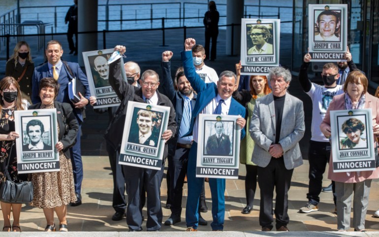 Families of the victims react following the verdict into the Ballymurphy inquest at Waterfront Hall in Belfast on May 11, 2021. British soldiers used 