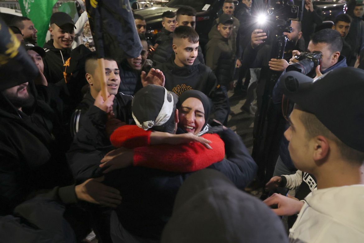 Palestinian hostages released from Israeli jails arrive in Ramallah, West Bank by a bus belonging to the International Committee of the Red Cross (ICRC).