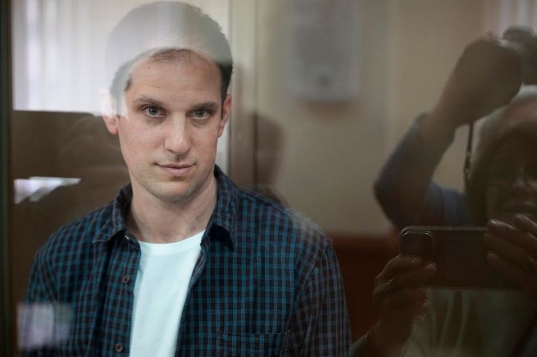 Evan Gershkovich pictured in court in October
