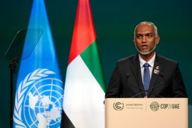 Maldives President Mohamed Muizzu speaks at the COP28 United Nations climate summit in Dubai, the United Arab Emirates [File: Rafiq Maqbool/AP]