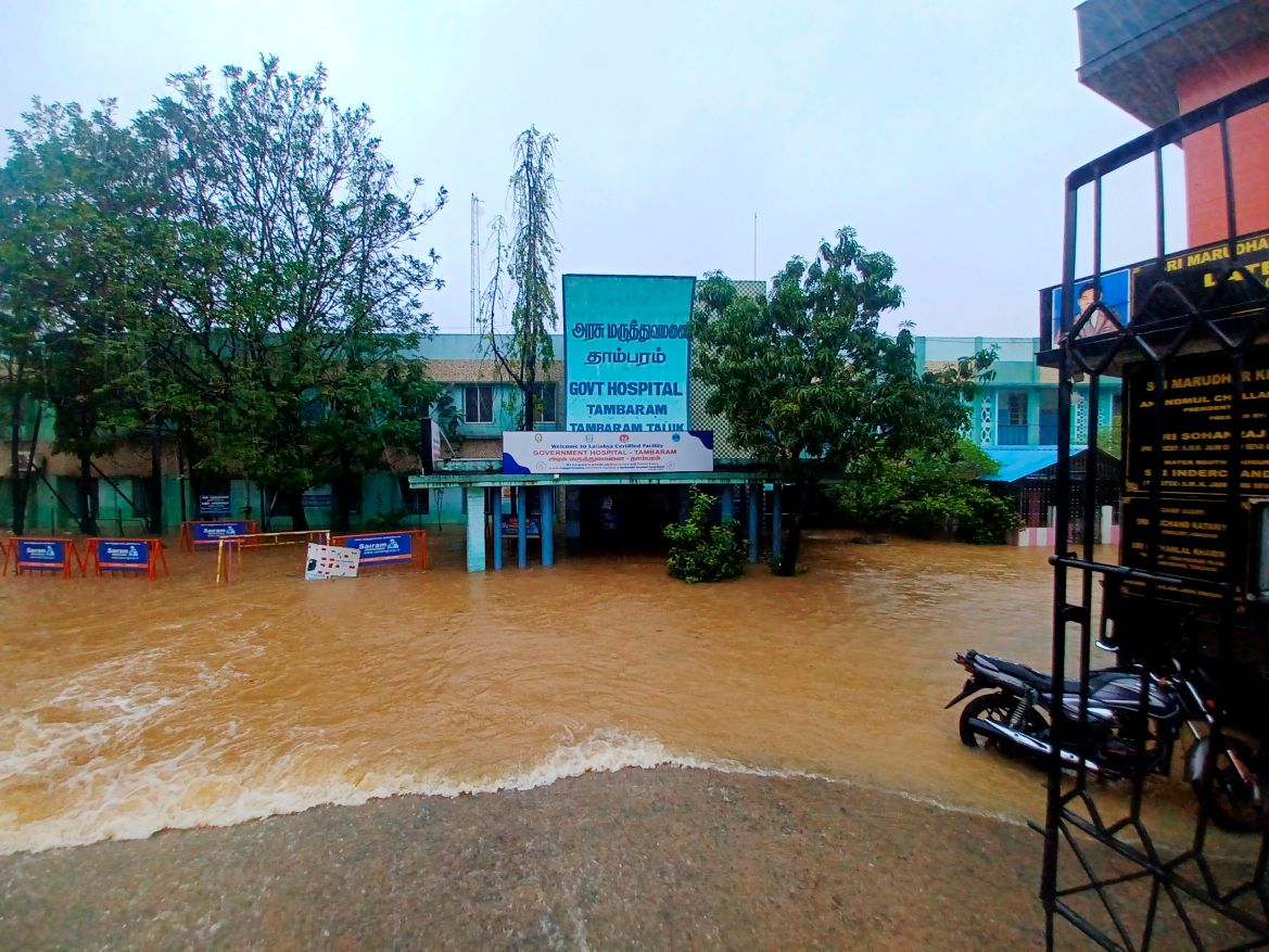 The Tambaram Government Hospital is flooded following heavy rains along the Bay of Bengal coast in Chennai, India, Monday, Dec.4