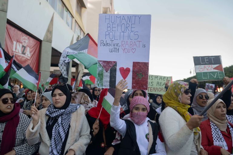 Hundreds of protesters take part in a march in solidarity with Palestinians in Gaza and against their country's normalisation deal with Israel, in Rabat, Morocco