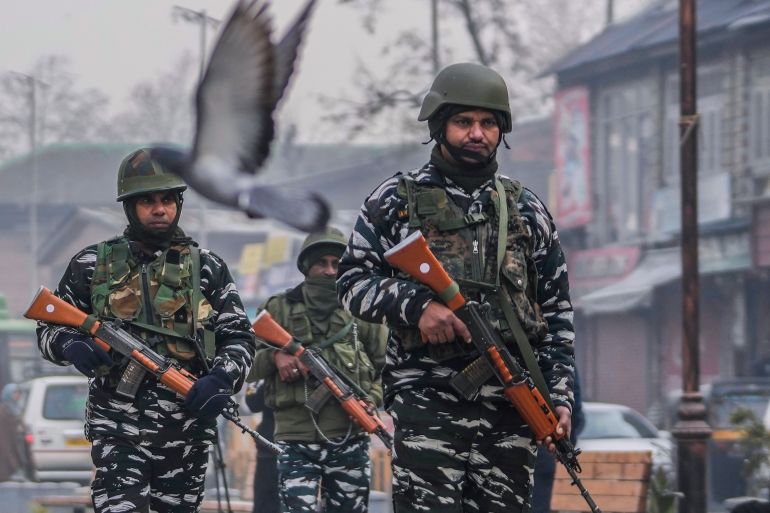 Indian paramilitary soldiers patrol at the main market in Srinagar, Indian controlled Kashmir