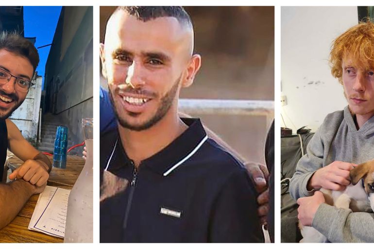 This photo combo shows three hostages who had been abducted from Israeli communities near the Gaza border, from left, Alon Shamriz, Samer Al-Talalka and Yotam Haim. Israeli troops mistakenly shot the three hostages to death Friday, Dec. 15, 2023 in the Gaza City area of Shijaiyah, where troops have been engaged in fierce fighting with Hamas militants. (Courtesy of the Shamriz, Al-Talalka and Haim families via AP)