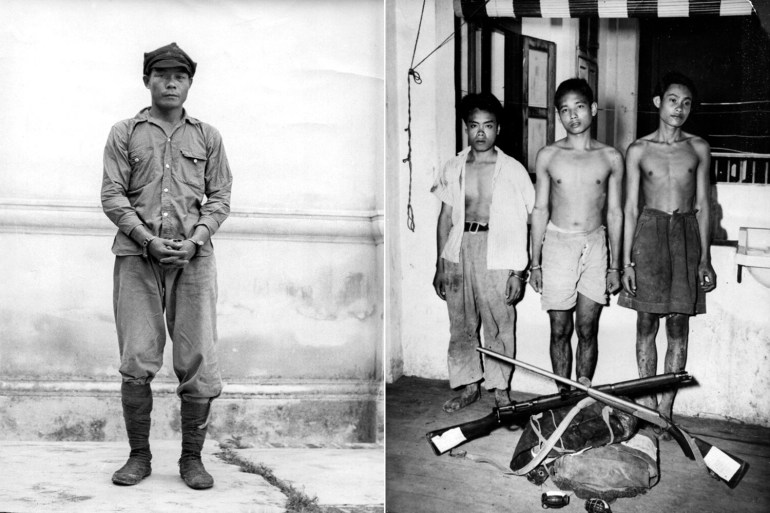 Left: A Chinese man wears wrist chains after being taken prisoner by men of the 7th Gurkha Rifles in the jungle near Kuala Lumpur, July 10, 1948, when the gurkhas were cooperating with police in combating the recent bandit outbreak. This man wears the jungle green uniform of the former Malayan Peoples Anti-Japanese Army. The three stars on his cap indicates he is a member of the three-star regiment. (AP Photo) Right: These three members of a Malayan guerrilla band were captured by a unit of the crafty jungle squad of the Malayan police force during an operation at Temerloh, June 2, 1950. The jungle squad knows the difficult forest terrain as well as, if not better than, the bandits who operate within. (AP Photo)