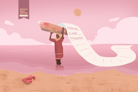 An illustration of a woman carrying a boat in the sea with a very wide and long list/receipt flowing out of the boat she's carrying on her head to the sea behind her.