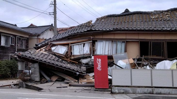 A collapsed house following an earthquake is seen in Wajima, Ishikawa prefecture, Japan January 1, 2024, in this photo released by Kyodo. Mandatory credit Kyodo via REUTERS ATTENTION EDITORS - THIS IMAGE WAS PROVIDED BY A THIRD PARTY. MANDATORY CREDIT. JAPAN OUT. NO COMMERCIAL OR EDITORIAL SALES IN JAPAN