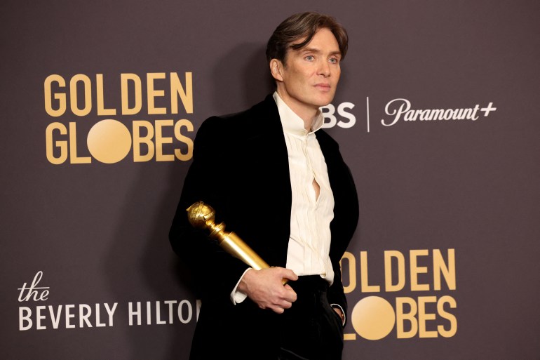 Cillian Murphy, winner of the award for Best Performance by a Male Actor in a Motion Picture for "Oppenheimer", poses at the 81st Annual Golden Globe Awards.