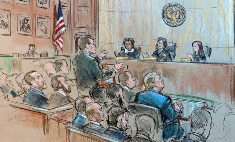 A courtroom sketch of Donald Trump sitting at a table before a federal appeals court, his lawyer standing and speaking to the panel of judges.