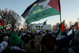 Demonstrators chant during the "March on Washington for Gaza," in support of the Palestinian people, at Lafayette Park near the White House in Washington, U.S., January 13, 2024