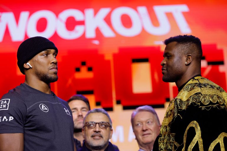 Boxing - Anthony Joshua &amp; Francis Ngannou - Press Conference - HERE at Outernet, London, Britain - January 15, 2024 Anthony Joshua and Francis Ngannou face off during the press conference Action Images via Reuters/Andrew Couldridge