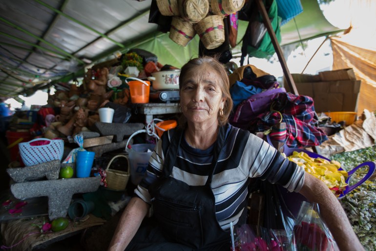 A woman in a black apron sits in front of a cluttered stall covered by a metal roof. Woven baskets can be seen behind her, as well as a plastic bucket, a small portable stove and a blue purse.