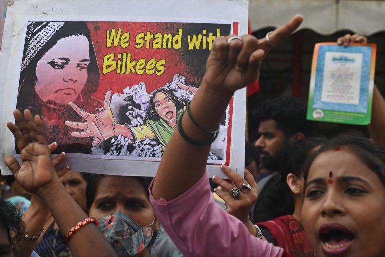 Women shout slogans during a protest against the release of men convicted of gang-raping Bilkis Bano during the 2002 communal riots in Gujarat, in Mumbai on August 23, 2022.