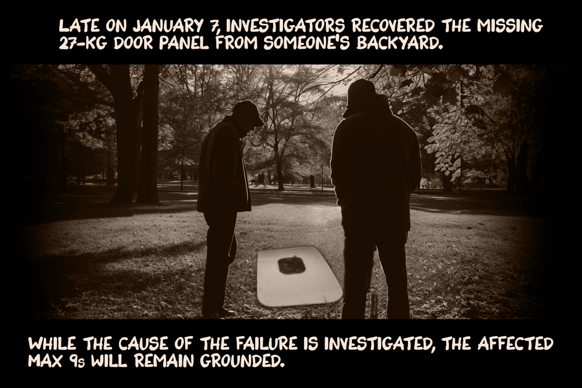 Late on January 7, investigators recovered the missing 27-kg door panel from someone’s backyard. While the cause of the failure is investigated, the affected Max 9s will remain grounded.