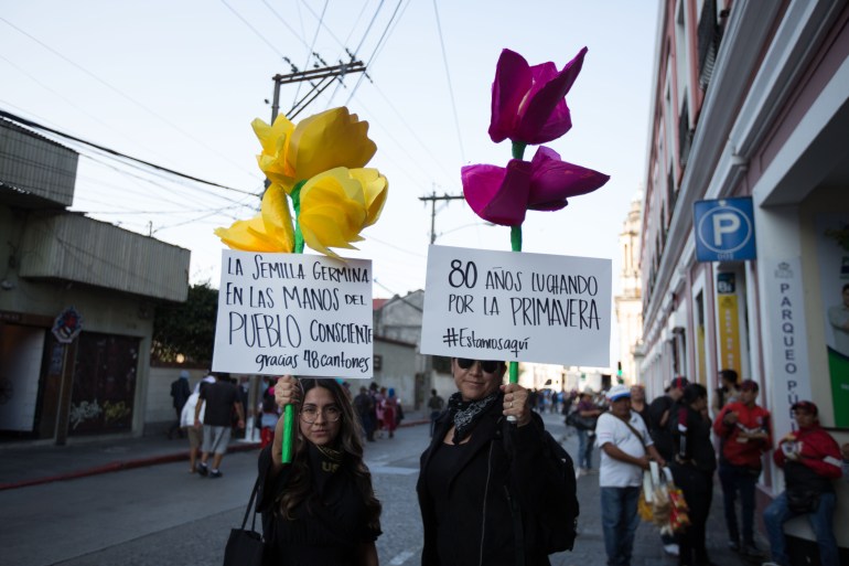 Supporters of Arevalo's Seed Movement in Guatemala City, Guatemala, on January 14, 2024 [Jeff Abbott/Al Jazeera]