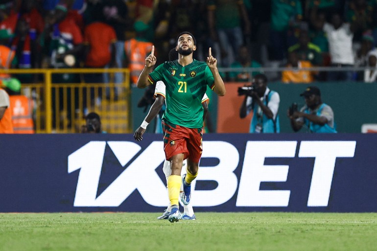 Cameroon's defender Jean Charles Castelletto celebrates scoring his team's first goal 