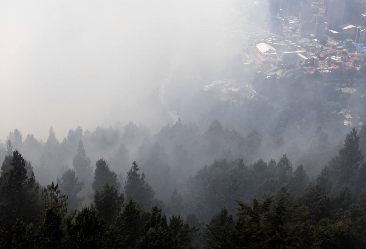Aerial view of a forest fire in Bogota on January 25