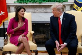 Donald Trump meets Nikki Haley in the Oval Office of the White House in 2018