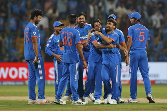 India's players celebrate after winning the third T20 cricket match against Afghanistan in Bengaluru, India, Wednesday, Jan. 17, 2024. (AP Photo/Surjeet Yadav)