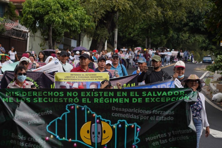 Demonstrators for the group MOVIR parade through a tree-lined street, holding up wide banners calling for an end to the state of exception.
