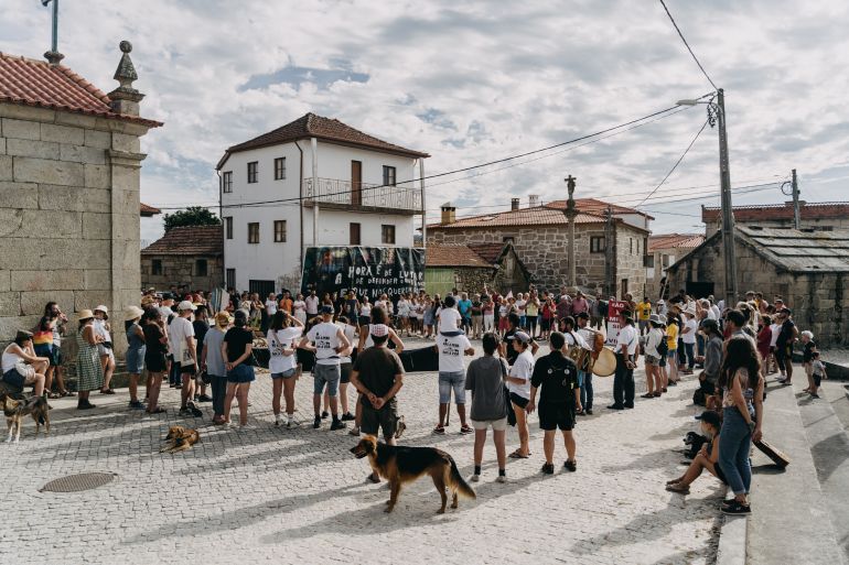 Protesters at the central square of Covas do Barroso, Portugal, during the protest action following the solidarity camp attended by more than 200 people. 15 August 2023.