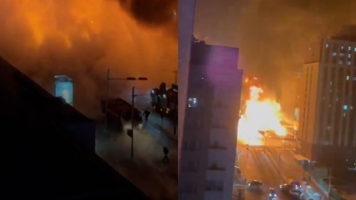 Flames and smoke in the sky as explosion occurs in Mongolia.