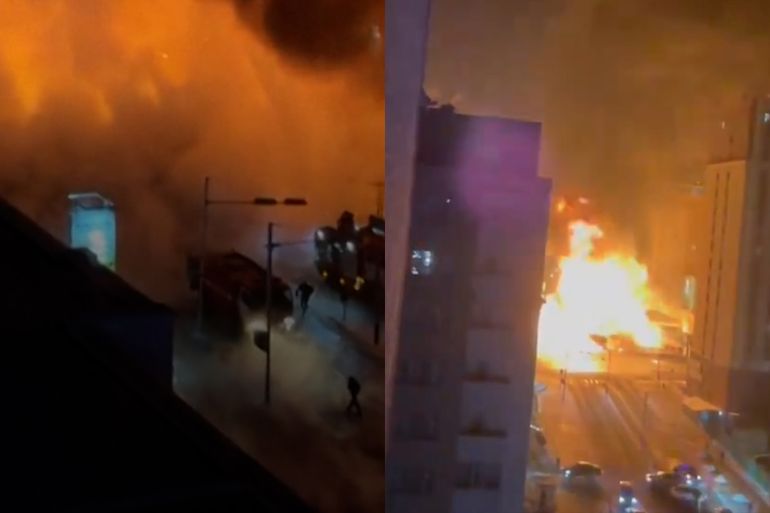Flames and smoke in the sky as explosion occurs in Mongolia.