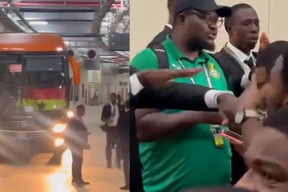 Split pictures of the Ghana Bus (left) and Ghana AFCON crew with media and security (right)