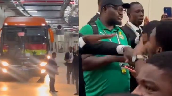 Split pictures of the Ghana Bus (left) and Ghana AFCON crew with media and security (right)