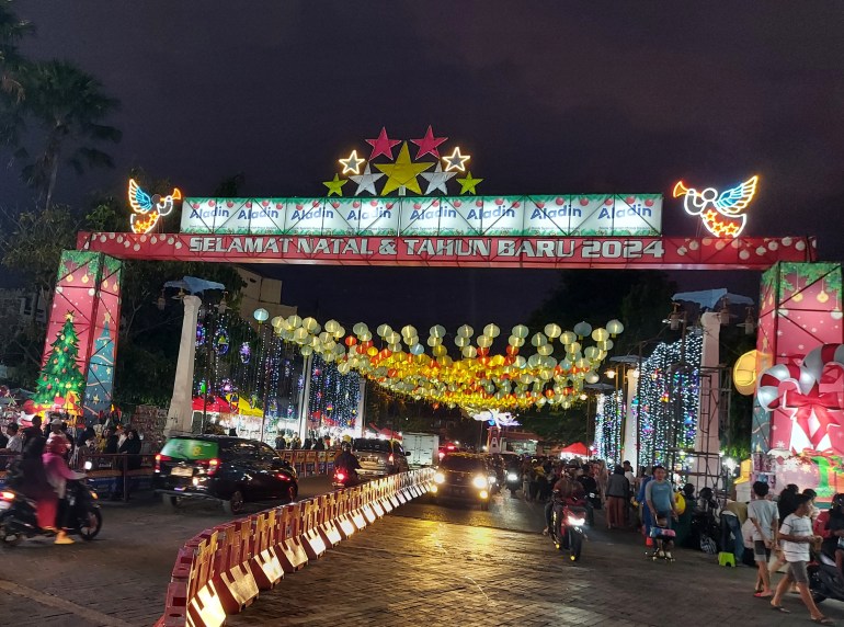 Christmas and New Year's decorations in Solo. Lights have been hung along the street