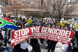 Pro-Palestinian demonstrators protest as they take part in the &quot;Biden: stop supporting genocide!&quot; rally in New York City on January 20, 2024 [Reuters/Jeenah Moon]