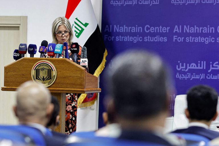 FILE PHOTO: The Special Representative of the Secretary-General for the United Nations Assistance Mission for Iraq (UNAMI), Jeanine Hennis-Plasschaert attends a conferencein Baghdad,Iraq, June 12, 2023. REUTERS/Thaier Al-Sudani/File Photo