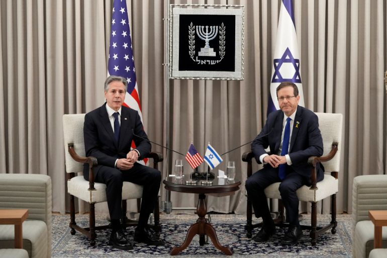 US Secretary of State Antony Blinken and Israel’s President Isaac Herzog during their meeting at the President's Residence in Jerusalem, Wednesday, Feb. 7, 2024