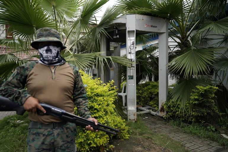 An armed military member, dressed in camouflage, a helmet, a face mask and a vest, stands in front of a body scanner surrounded by palms and bushes. A brick building can be seen through the greenery.