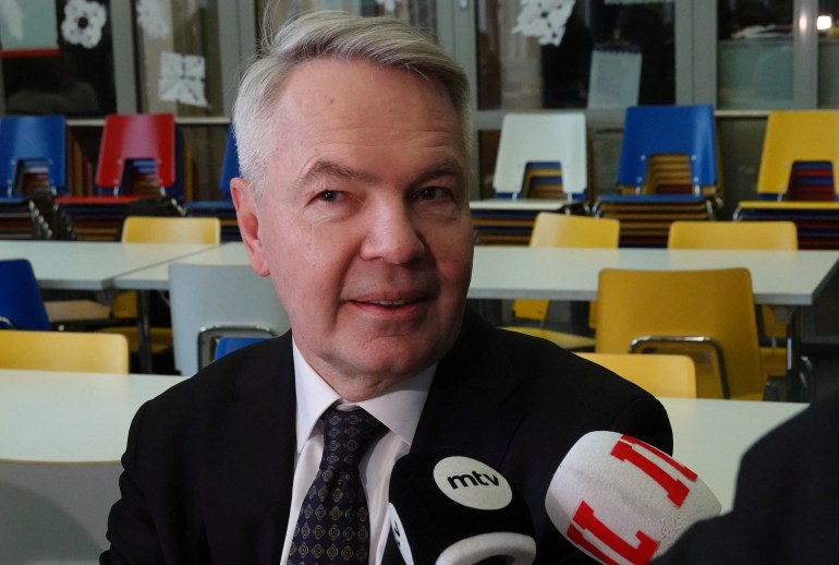 Green Party-backed candidate for a nonpartisan constituency association Pekka Haavisto speaks to the journalists after casting his vote in Helsinki, Finland, on February 11, 2024. REUTERS/Tom Little