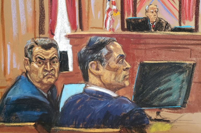 A courtroom sketch shows Juan Orlando Hernandez looking backward, over his shoulder, as he sits at the defence table with his lawyer. A judge at the raised dias is visible behind him.