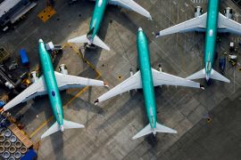 An aerial photo shows Boeing 737 MAX planes parked on the tarmac at the Boeing Factory in Renton, Washington [File: Lindsey Wasson/Reuters]