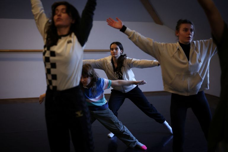 Marharyta Chykalova, 16, from Kherson, dances during a stage movement class at the Atelier Theatre in Sopot, Poland, February 17