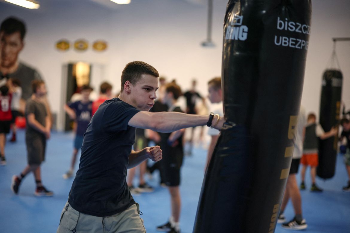 Andrii Nonka, 15, from Kharkiv, trains during a boxing class in Gdansk, Poland, February 15,